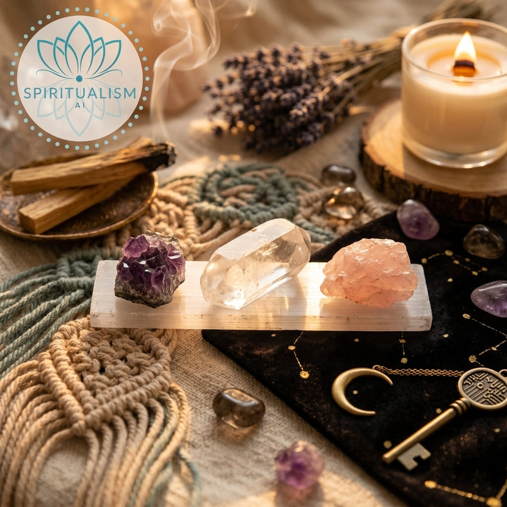 The Inner Light Set | Amethyst, Rose Quartz & Clear Quartz on Selenite Slab | Crystal Gift Set | Stardust Market