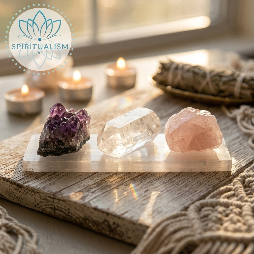 The Inner Light Set | Amethyst, Rose Quartz & Clear Quartz on Selenite Slab | Crystal Gift Set | Stardust Market