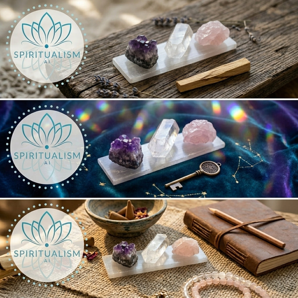 The Inner Light Set | Amethyst, Rose Quartz & Clear Quartz on Selenite Slab | Crystal Gift Set | Stardust Market