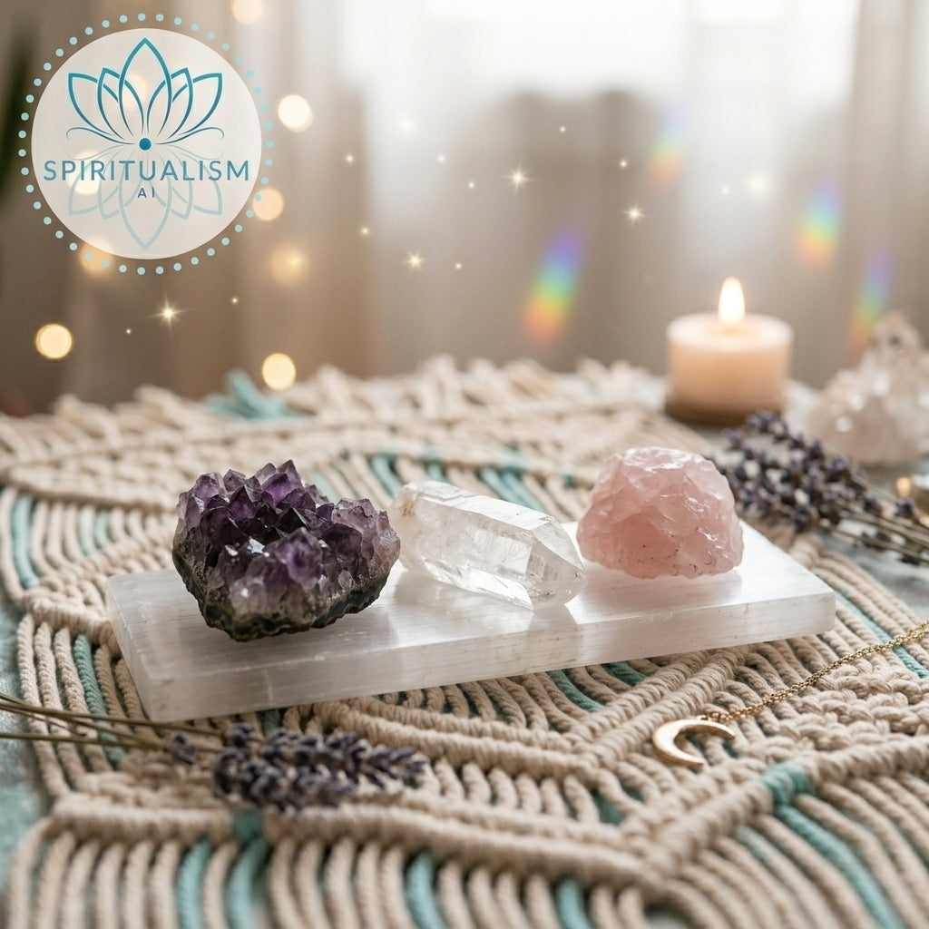 The Inner Light Set | Amethyst, Rose Quartz & Clear Quartz on Selenite Slab | Crystal Gift Set | Stardust Market
