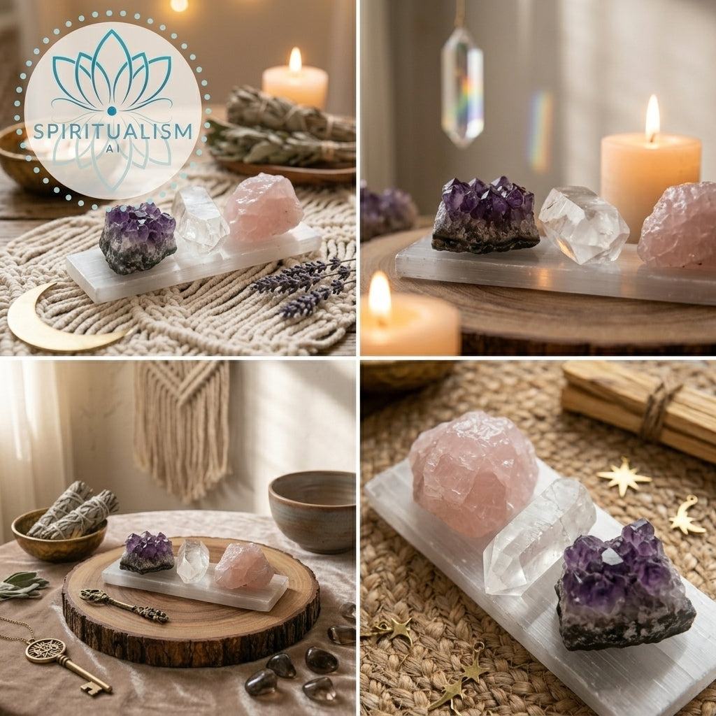 The Inner Light Set | Amethyst, Rose Quartz & Clear Quartz on Selenite Slab | Crystal Gift Set | Stardust Market