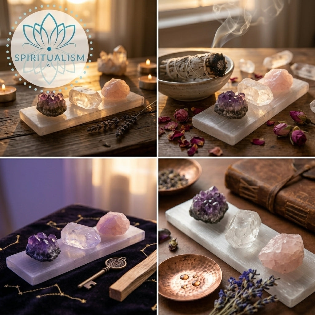 The Inner Light Set | Amethyst, Rose Quartz & Clear Quartz on Selenite Slab | Crystal Gift Set | Stardust Market