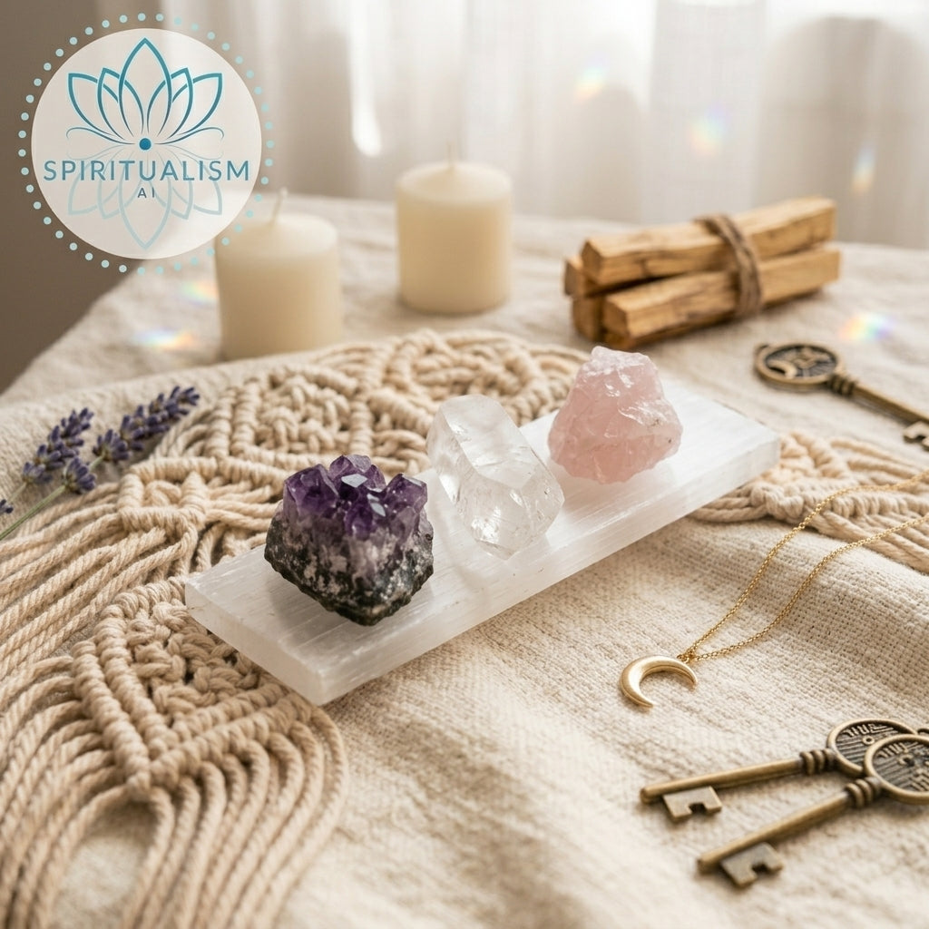 The Inner Light Set | Amethyst, Rose Quartz & Clear Quartz on Selenite Slab | Crystal Gift Set | Stardust Market