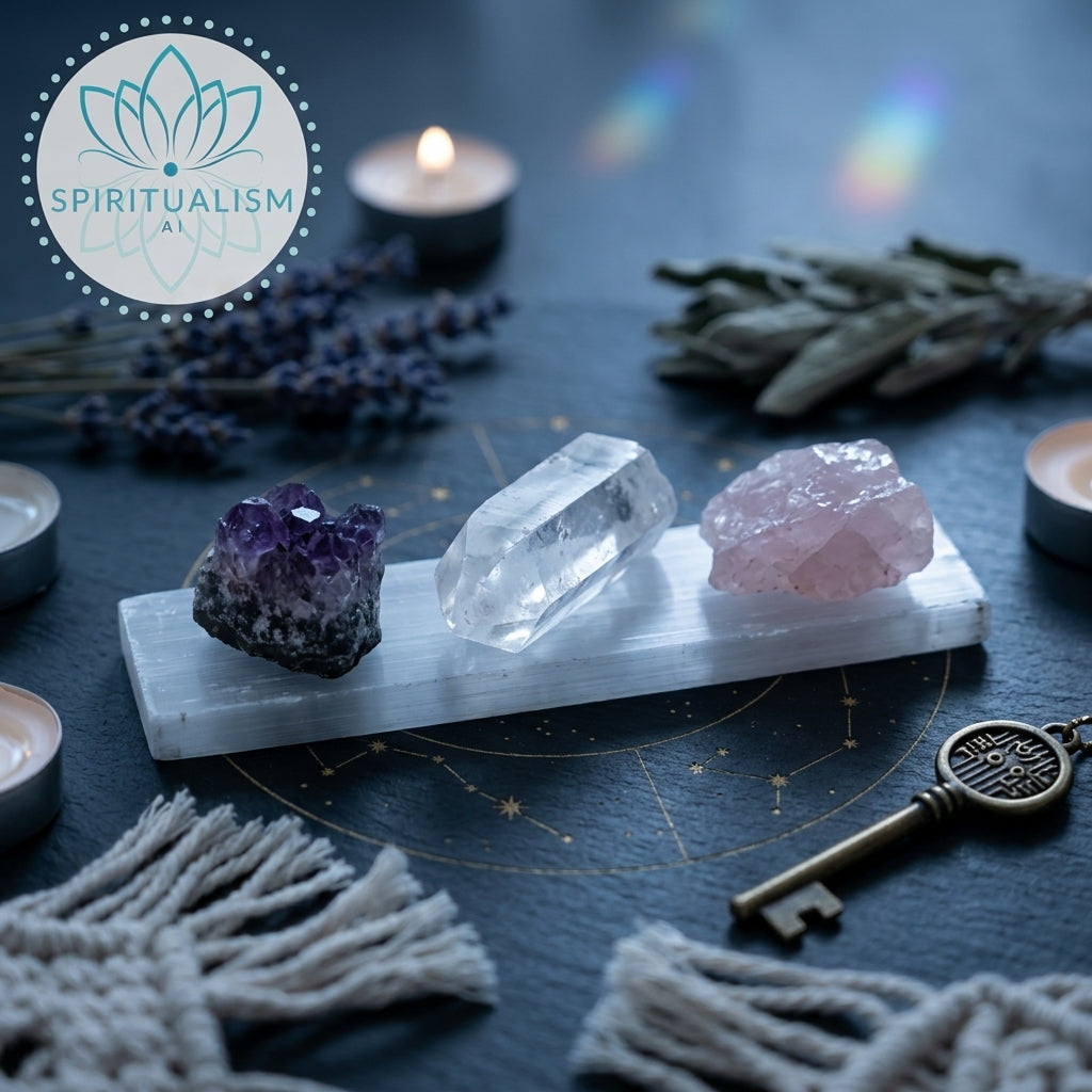 The Inner Light Set | Amethyst, Rose Quartz & Clear Quartz on Selenite Slab | Crystal Gift Set | Stardust Market