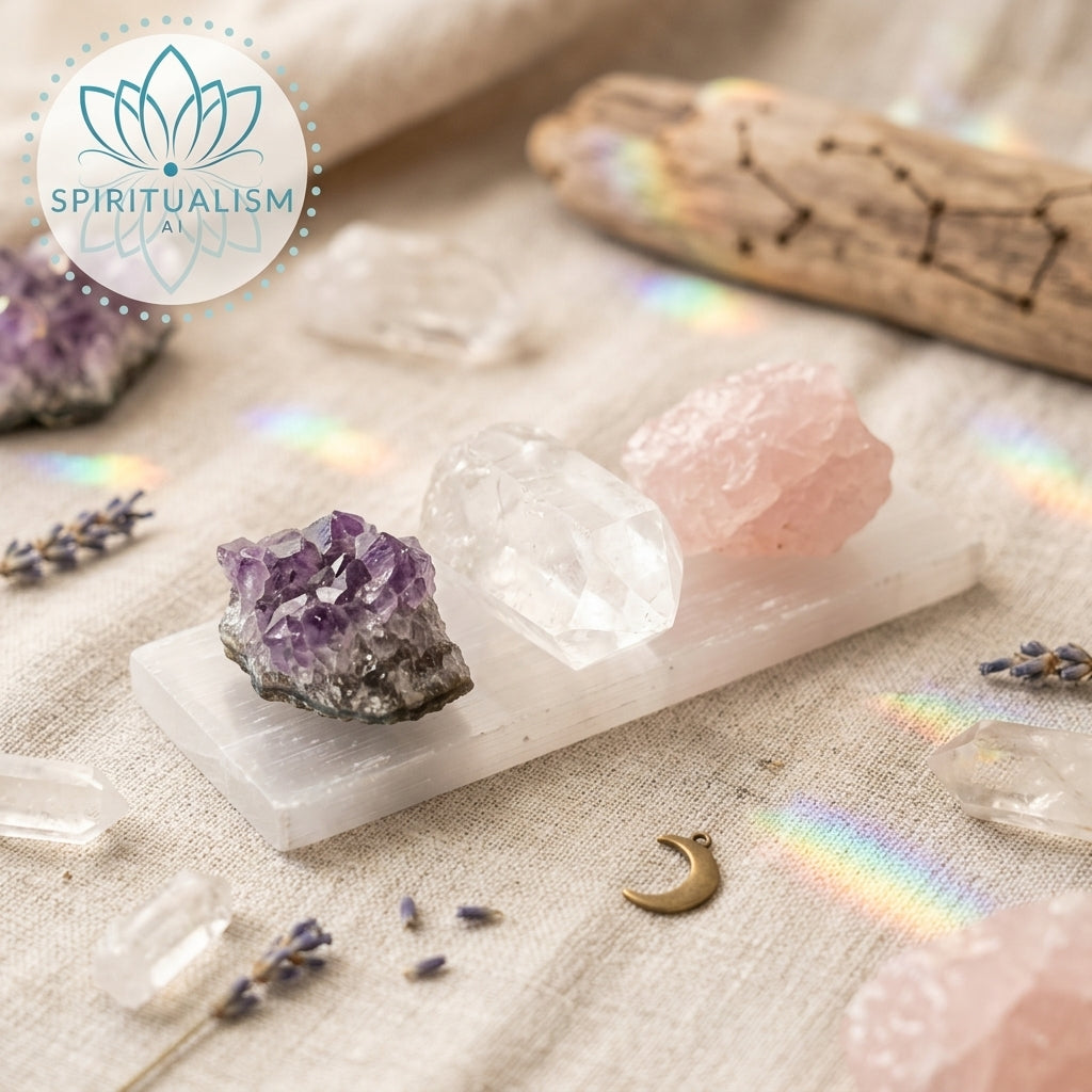 The Inner Light Set | Amethyst, Rose Quartz & Clear Quartz on Selenite Slab | Crystal Gift Set | Stardust Market