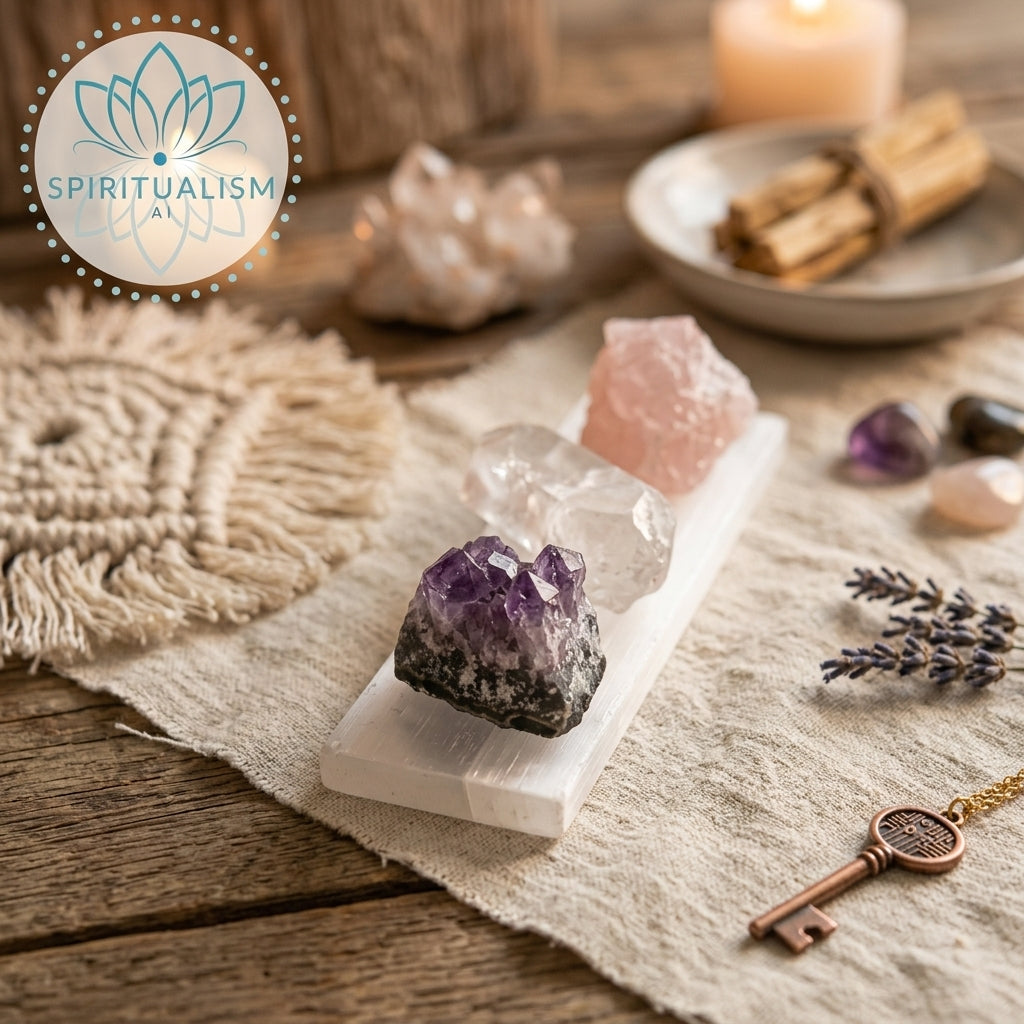 The Inner Light Set | Amethyst, Rose Quartz & Clear Quartz on Selenite Slab | Crystal Gift Set | Stardust Market