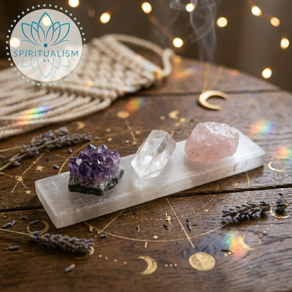 The Inner Light Set | Amethyst, Rose Quartz & Clear Quartz on Selenite Slab | Crystal Gift Set | Stardust Market