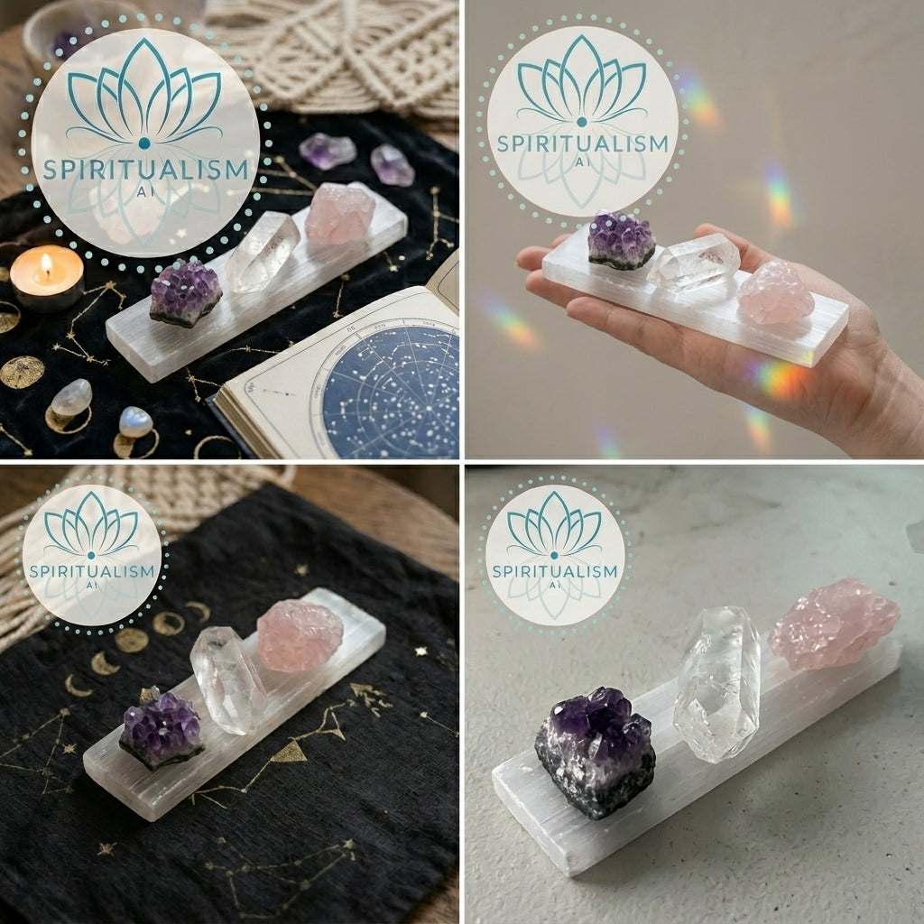 The Inner Light Set | Amethyst, Rose Quartz & Clear Quartz on Selenite Slab | Crystal Gift Set | Stardust Market