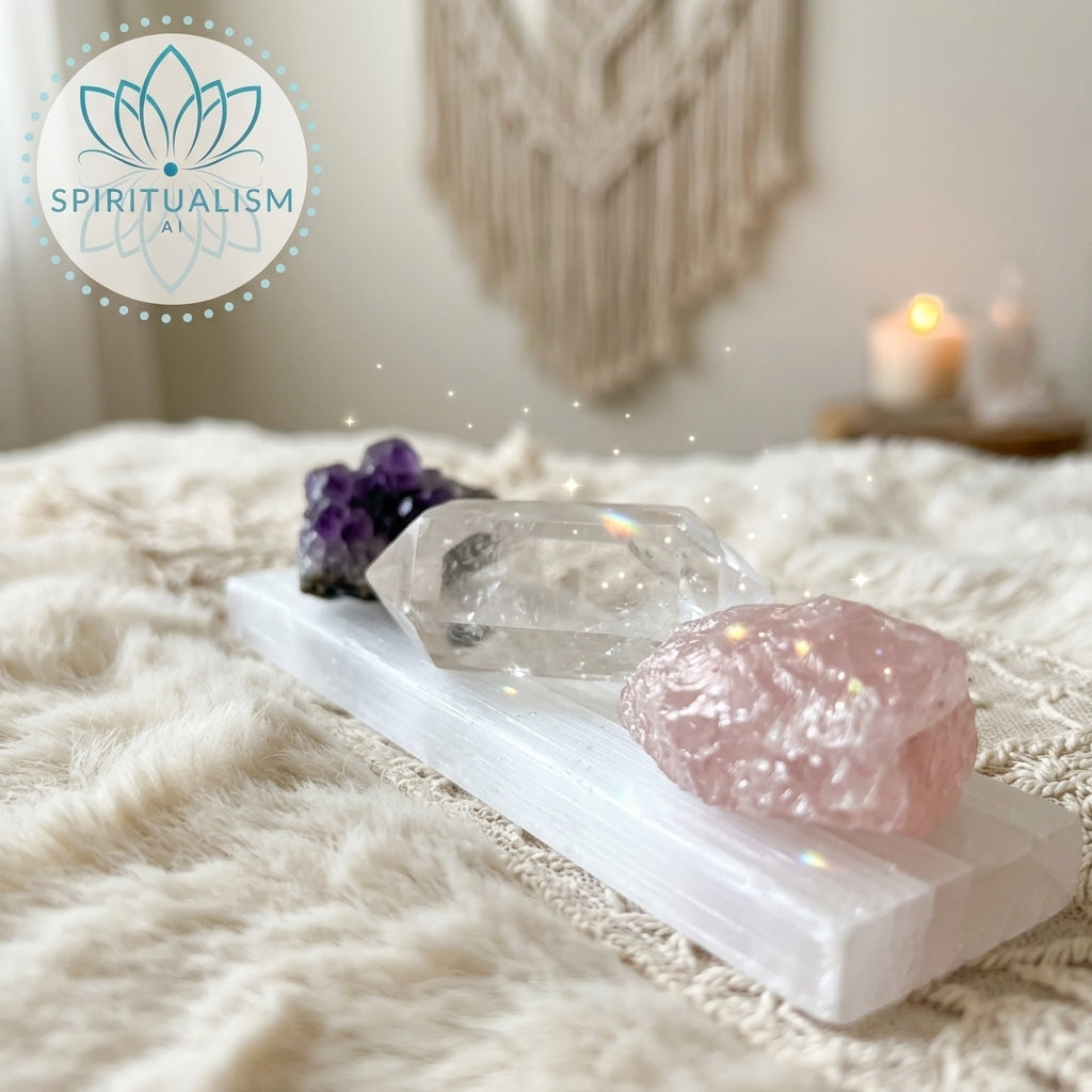 The Inner Light Set | Amethyst, Rose Quartz & Clear Quartz on Selenite Slab | Crystal Gift Set | Stardust Market